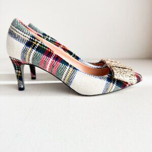 J Crew Wool Plaid Sparkly Bow Heels 6